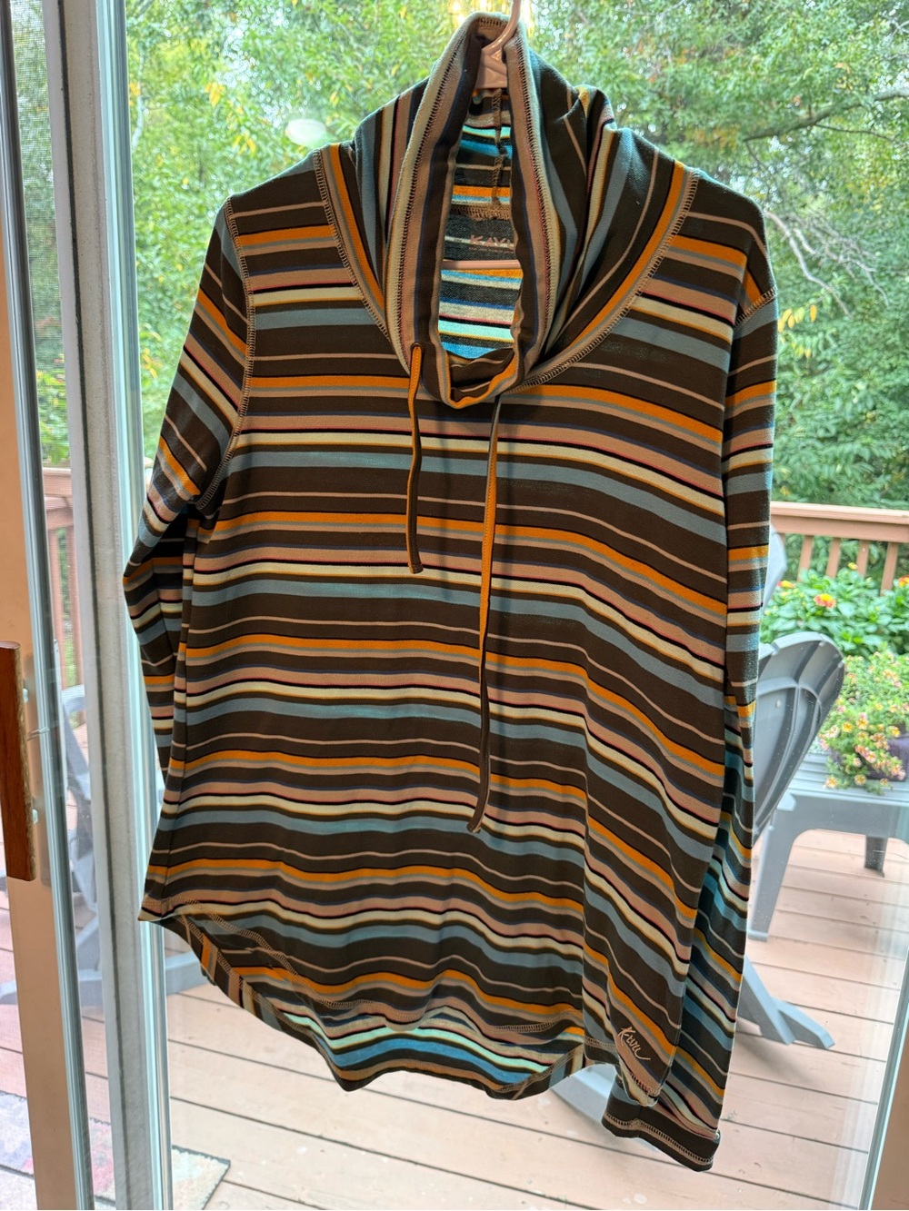 Striped Cowl Neck Pullover Hoodie - Grey & Multi